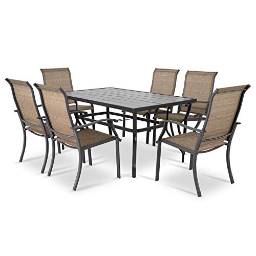 NUU GARDEN 7 Pieces Patio Dining Set AllWeather Outdoor Furniture for Garden Backyard  6 Dining Chairs  1 Rectangle Steel Dining Table with Umbrella Hole Black  Brown