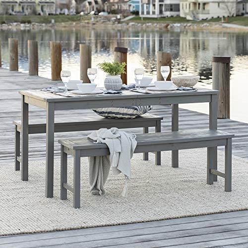 Walker Edison Dominica Contemporary 3 Piece Slatted Acacia Wood Outdoor Dining Table and Bench Set Set of 3 Grey Wash