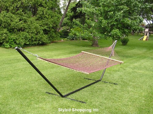 Two Person Brown Rope Hammock Set with 15 Foot Long Iron Stand