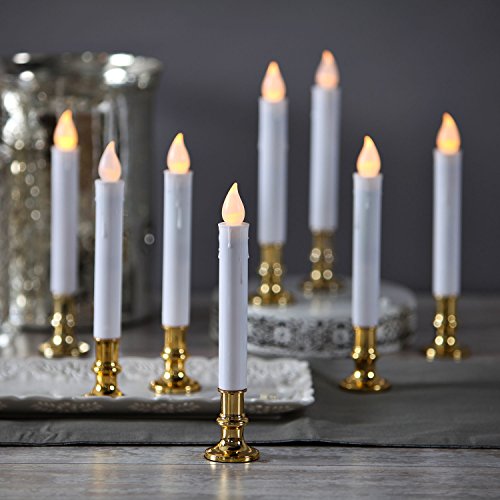 Set Of 8 Flameless Plastic White Taper Candles With Gold Removable Candleholders And Remote Batteries Included