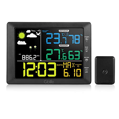 GBlife Wireless Weather Stations Indoor Outdoor Thermometer with Remote Sensor Colorful LCD Screen Weather Forecast Station Temperature and Humidity Monitor Alarm Clock TS-8210