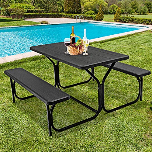 Generic RIVALLYCOOL Picnic Table Bench Set Patio Table Bench Set wSteel Frame  Plastic Table Top for Outdoor Backyard Garden (Black)